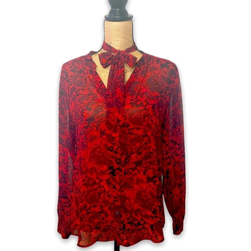 Ann Taylor Red & Black Floral Tie Neck Sheer Lined Blouse
